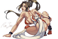 Rule 34 | 1girl, ass, bare back, bare shoulders, breasts, fatal fury, from behind, highres, large breasts, long hair, looking back, ponytail, rim jims, shiranui mai, sideboob, snk, the king of fighters, thighs, thong