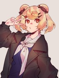 Rule 34 | 1girl, animal ears, arknights, bear ears, blonde hair, blue dress, brooch, brown jacket, candy hair ornament, dress, food-themed hair ornament, grey background, gummy (arknights), hair ornament, hand up, jacket, jewelry, long sleeves, looking at viewer, mirin chikuwa, neckerchief, open clothes, open jacket, red eyes, sailor collar, sailor dress, school uniform, short hair, simple background, solo, upper body, v, white neckerchief, white sailor collar
