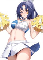 Rule 34 | 1girl, black eyes, black hair, black panties, blue archive, breasts, cheerleader, cleavage, closed mouth, cosplay, cowboy shot, crop top, halo, highres, holding, holding pom poms, large breasts, looking at viewer, millennium cheerleader outfit (blue archive), navel, osterei, panties, pom pom (cheerleading), pom poms, ponytail, short hair, simple background, skirt, solo, standing, star (symbol), star tattoo, tattoo, underwear, white background, white skirt, yuuka (blue archive)