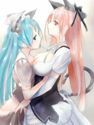 Rule 34 | 2girls, animal ears, aqua eyes, aqua hair, breasts, cat ears, cat tail, detached sleeves, dress, elbow gloves, gloves, h016, hatsune miku, large breasts, long hair, megurine luka, mouth hold, multiple girls, red eyes, red hair, tail, vocaloid, yuri
