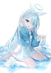 Rule 34 | arona (blue archive), blue archive, blue eyes, blue hair, blue shirt, bow, halo, hand on own ear, hand on own ear, highres, kuromu (96-94), long hair, shirt, skirt, solo, white footwear, white skirt