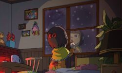 Rule 34 | animal crossing, ankha (animal crossing), bed, benedict (animal crossing), bouquet, brown hair, capelet, flower, frilled capelet, frills, frosted glass, hand on window, indoors, jay (animal crossing), nintendo, nomura (arumon), open mouth, photo (object), plant, potted plant, red flower, reflection, short hair, snowing, stuffed animal, stuffed toy, table, teddy bear, villager (animal crossing), window, wooden chair, wooden table, yellow capelet