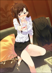 Rule 34 | 10s, 1girl, alcohol, bag, barefoot, blush, brown hair, couch, cup, drinking glass, drunk, earrings, glass, handbag, jewelry, kazaoka mari, long hair, long legs, looking at viewer, mizuki makoto, office lady, open mouth, outstretched arm, panties, pantyhose, pantyshot, pillow, red eyes, sitting, skirt, sleeves rolled up, solo, underwear, unworn pantyhose, upskirt, white album (series), white album 2, white panties, wine, wine glass