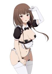 Rule 34 | 1girl, alternate breast size, alternate costume, apron, arm up, black bow, black bowtie, blunt bangs, blush, bow, bowtie, breasts, brown eyes, brown hair, commentary, coro fae, covered erect nipples, detached collar, elbow gloves, english commentary, enmaided, frills, garter straps, gloves, heart maebari, heart pasties, highleg, highres, iino miko, kaguya-sama wa kokurasetai ~tensai-tachi no renai zunousen~, long hair, looking at viewer, low twintails, maebari, maid, maid apron, medium breasts, navel, open mouth, pasties, short sleeves, shrug (clothing), single elbow glove, smile, solo, sweatdrop, thighhighs, thighs, twintails, white background, white garter straps, white gloves, white thighhighs