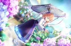Rule 34 | 1girl, after rain, ame to ajisai ni utaeba (love live!), aqua eyes, ascot, blue sky, closed mouth, crossed bangs, dutch angle, flower, frilled skirt, frills, game cg, half-closed eyes, highres, hinoshita kaho, holding, holding umbrella, hydrangea, leaning forward, lens flare, link! like! love live!, long skirt, long sleeves, looking at object, love live!, medium hair, official art, oil-paper umbrella, orange hair, puffy long sleeves, puffy sleeves, purple skirt, shirt, skirt, sky, smile, socks, solo, standing, third-party source, two side up, umbrella, white ascot, white shirt, white socks