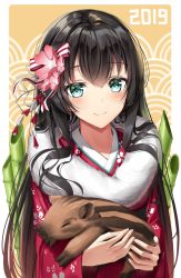 Rule 34 | 1girl, 2019, animal, bamboo, black hair, blue eyes, boar, chinese zodiac, closed mouth, commentary request, fur scarf, hair between eyes, hair ribbon, highres, holding, holding animal, japanese clothes, kimono, long hair, looking at viewer, new year, original, outside border, print kimono, red kimono, ribbon, smile, solo, striped ribbon, superpig, upper body, very long hair, wide sleeves