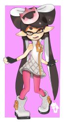 Rule 34 | 1girl, black gloves, black hair, boots, border, bow-shaped hair, callie (splatoon), commentary request, cosplay, crown, fingerless gloves, full body, gloves, hayagon8850, highres, inkling, jacket, knees together feet apart, long hair, looking at viewer, nintendo, open mouth, outside border, pantyhose, pearl (splatoon), pearl (splatoon) (cosplay), pink pantyhose, pointy ears, purple background, simple background, smile, solo, splatoon (series), standing, tentacle hair, thick eyebrows, very long hair, white border, white footwear, white jacket, yellow eyes, zipper, zipper pull tab