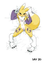 Rule 34 | 1girl, :&lt;, animal ears, animal feet, animal nose, barefoot, bed sheet, black sclera, blue eyes, blush, body fur, claws, closed mouth, colored sclera, dakimakura (medium), detached sleeves, digimon, digimon (creature), english text, facial mark, feet, female focus, flat chest, fox ears, fox girl, fox tail, from above, full body, furry, furry female, gluteal fold, hands up, highres, holding own tail, leg tattoo, legs, looking at viewer, lying, navel, neck fur, nipples, nose blush, nude, on back, purple sleeves, pussy, pussy juice, reddish fox, renamon, simple background, solo, spread legs, stomach, tail, tattoo, thick thighs, thighs, two-tone fur, uncensored, white background, white fur, yellow fur