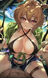 Rule 34 | 1girl, :q, agnes tachyon (lunatic lab) (umamusume), animal ears, assertive female, beach, belt, bikini, bikini under clothes, black bikini, blue shorts, breasts, brown hair, cameltoe, closed mouth, collarbone, covered erect nipples, criss-cross halter, dappled sunlight, day, denim, denim shorts, dutch angle, ear ornament, empty eyes, fisheye, girl on top, gloves, green jacket, hair between eyes, halterneck, highres, holding hands, horse ears, horse girl, horse tail, interlocked fingers, jacket, large breasts, leaning forward, licking lips, looking at viewer, medium hair, ocean, official alternate costume, open clothes, open fly, open shorts, outdoors, paid reward available, pov, pov crotch, pov hands, red eyes, sand, short shorts, short sleeves, shorts, single glove, sitting, sitting on person, smile, solo focus, sunlight, swimsuit, tail, thigh belt, thigh strap, tied jacket, tongue, tongue out, torn clothes, torn shorts, umamusume, water, zzo0