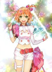 Rule 34 | 10s, 1girl, :d, absurdres, asymmetrical legwear, asymmetrical sleeves, belt, brown hair, cleavage cutout, clothing cutout, cowboy shot, fingerless gloves, freyja wion, gloves, green eyes, hair between eyes, hair ornament, half gloves, highres, macross, macross delta, majiro (mazurka), midriff, nail polish, navel, necktie, one side up, open mouth, pink nails, shirt, short hair, short necktie, short shorts, shorts, smile, solo, standing, stomach, taut clothes, taut shirt, thigh strap, thighhighs, uneven legwear, uneven sleeves, white gloves, white necktie, white shorts, white thighhighs