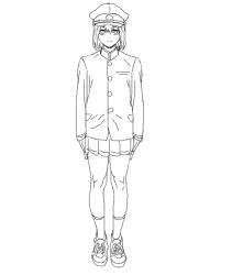 Rule 34 | 10s, 1girl, akitsu maru (kancolle), alternate legwear, bad drawr id, bad id, cosmic bear, expressionless, full body, greyscale, hat, kantai collection, long sleeves, looking at viewer, military, military uniform, miniskirt, monochrome, peaked cap, pleated skirt, shoes, short hair, simple background, skirt, sneakers, socks, solo, standing, uniform, white background