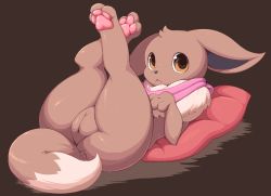 Rule 34 | 1girl, animal ears, ass, bandana, brown background, brown eyes, clitoral hood, creatures (company), eevee, feet, female focus, fox tail, full body, furry, furry female, game freak, gen 1 pokemon, hand up, jaggy lines, legs up, looking at viewer, lying, nintendo, oaws, on back, pata, pillow, pink neckwear, pokemon, pokemon (creature), pokemon rgby, pussy, shiny skin, simple background, solo, tail, uncensored