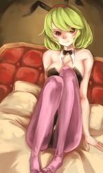 Rule 34 | 1girl, animal ears, bow, bowtie, breasts, brown pantyhose, cleavage, couch, female focus, green hair, highres, kageyosi, kazami yuuka, knees up, leotard, pantyhose, playboy bunny, rabbit ears, red eyes, red pantyhose, red upholstery, short hair, sitting, smile, solo, tail, touhou, wrist cuffs
