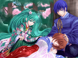 Rule 34 | 1boy, 2girls, bad id, bad pixiv id, blue hair, brown hair, cherry blossoms, covering with blanket, embellished costume, green hair, hair ornament, hatsune miku, japanese clothes, kaito (vocaloid), kimono, meiko (vocaloid), multiple girls, nail polish, short hair, sleeping, tonyo (milky crown), totono, tree, twintails, vocaloid