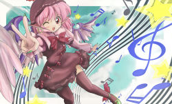 Rule 34 | 1girl, animal ears, earrings, female focus, fingernails, green nails, hat, jewelry, long fingernails, musical note, mystia lorelei, nail, nail polish, one eye closed, pink hair, red eyes, short hair, solo, thighhighs, touhou, usausa, v, wings, wink