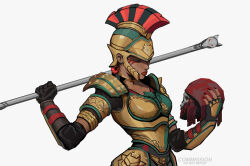 Rule 34 | 1girl, absurdres, apex legends, armor, black gloves, black nails, breasts, classic revenant, commission, eyeshadow, fingerless gloves, gloves, grey background, grey gloves, helmet, highres, holding, holding head, holding staff, jewelry, legionnaire loba, loba (apex legends), looking down, makeup, medium breasts, official alternate costume, peter chai, red eyeshadow, red lips, revenant (apex legends), ring, roman armor, severed head, single fingerless glove, solo focus, staff, upper body