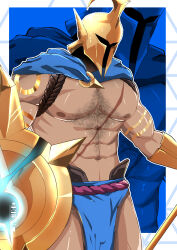 Rule 34 | 1boy, abs, absurdres, arm tattoo, artist name, bara, biceps, blue background, chest hair, covered face, glowing, glowing weapon, hairy, helmet, highres, holding, holding shield, kiazu114, large pectorals, league of legends, loincloth, male focus, manly, mature male, muscular, muscular male, nipples, no shirt, pantheon (league of legends), pectorals, scar, scar on chest, scarf, shield, signature, solo, tattoo, weapon