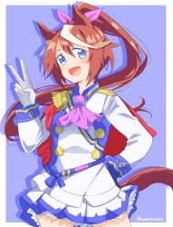 Rule 34 | 1girl, :d, animal ears, ascot, asymmetrical gloves, black gloves, blue background, blue eyes, border, brown hair, cape, closed mouth, collared jacket, commentary, cowboy shot, epaulettes, gloves, hair ribbon, hand on own hip, high ponytail, highres, horse ears, horse girl, horse tail, jacket, long hair, long sleeves, looking at viewer, miniskirt, mismatched gloves, multicolored hair, namatyoco, open mouth, outside border, pleated skirt, ponytail, purple ascot, red cape, ribbon, shadow, simple background, skirt, smile, solo, standing, streaked hair, tail, tokai teio (umamusume), twitter username, two-tone hair, umamusume, v, white border, white gloves, white hair, white jacket, white ribbon, white skirt, wing collar