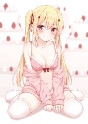 Rule 34 | 1girl, absurdres, bare shoulders, blonde hair, blurry, blurry background, blush, bow, bow bra, bra, breasts, cake, cleavage, closed mouth, collarbone, depth of field, fang, fang out, food, food-themed hair ornament, hair between eyes, hair ornament, hair ribbon, head tilt, highres, jacket, karutamo, long hair, looking at viewer, medium breasts, navel, no shoes, non-web source, off shoulder, open clothes, open jacket, original, pink bra, pink jacket, polka dot, polka dot bra, red eyes, red ribbon, ribbon, sidelocks, sitting, smile, solo, strawberry hair ornament, strawberry shortcake, thighhighs, twintails, underwear, very long hair, wariza, white thighhighs