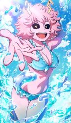 Rule 34 | 10s, 1girl, :d, ashido mina, bare shoulders, beach, bikini, black sclera, blue bikini, blue sky, blush, boku no hero academia, breasts, cleavage, cloud, colored sclera, colored skin, cowboy shot, day, frilled bikini, frills, game cg, highres, horns, large breasts, looking at viewer, navel, ocean, official art, open mouth, outstretched arms, pink hair, pink skin, short hair, sky, smile, solo, splashing, spread arms, stomach, summer, swimsuit, thigh gap, underboob, water