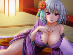 Rule 34 | 1girl, blush, breasts, cleavage, collarbone, flower, hair flower, hair ornament, japanese clothes, kimono, large breasts, long sleeves, looking at viewer, militia minpei, obi, off shoulder, original, parted lips, pink eyes, purple kimono, sash, short hair, silver hair, smile, solo, sweat, wide sleeves