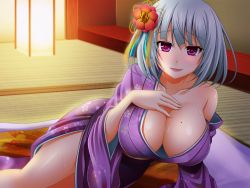 1girl blush breasts cleavage collarbone female_focus flower hair_flower hair_ornament japanese_clothes kimono large_breasts long_sleeves looking_at_viewer militia_minpei obi off_shoulder original parted_lips pink_eyes purple_kimono sash short_hair silver_hair smile solo sweat wide_sleeves