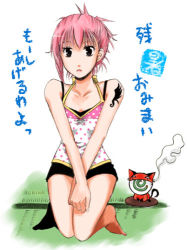Rule 34 | 1girl, bad anatomy, barefoot, black eyes, camisole, frown, juju, kneeling, lowres, over zenith, pink hair, polka dot, poorly drawn, short hair, shorts, tattoo, toto (over zenith), translation request