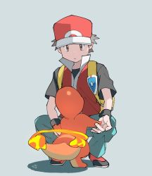 Rule 34 | 1boy, backpack, bag, baseball cap, black shirt, brown eyes, brown hair, charmander, closed mouth, commentary request, creatures (company), fire, flame-tipped tail, game freak, gen 1 pokemon, green pants, grey background, hat, holding, holding pokemon, jacket, looking down, male focus, motion blur, nintendo, pants, pokemon, pokemon (creature), pokemon frlg, red (pokemon), red footwear, red headwear, shirt, shoes, short hair, short sleeves, spread legs, squatting, tail, tail wagging, three guo, vs seeker, yellow bag