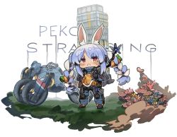 Rule 34 | 1girl, animal ear fluff, animal ears, black footwear, blue hair, blue jumpsuit, blush, bow, braid, carrot hair ornament, chibi, closed mouth, commentary request, death stranding, food-themed hair ornament, frown, hair bow, hair ornament, hololive, itsuki tasuku, jumpsuit, long hair, motor vehicle, motorcycle, multicolored hair, rabbit ears, red eyes, shoes, sidelocks, solo, standing, sweat, twin braids, twintails, two-tone hair, usada pekora, very long hair, virtual youtuber, white background, white bow, white hair