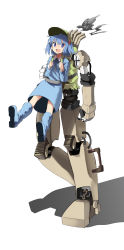 Rule 34 | 1girl, :d, backpack, bag, blue eyes, blue hair, boots, carrying, dress, exhaust, female focus, flat cap, full body, hair bobbles, hair ornament, hat, kawashiro nitori, key, looking away, looking back, matching hair/eyes, mieharu, open mouth, robot, rubber boots, short hair, simple background, smile, solo, touhou, twintails, two side up, vehicle, white background