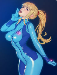 Rule 34 | 1girl, blonde hair, blue background, blue eyes, bodysuit, breasts, commentary, covered erect nipples, covered navel, eyelashes, eyeshadow, gradient background, head back, head tilt, highres, licking, licking finger, looking at viewer, makeup, metroid, nikichen, nintendo, open mouth, ponytail, samus aran, solo, tongue, tongue out, unfinished, zero suit
