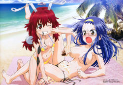 Rule 34 | 00s, 2girls, absurdres, angry, aresta blanket, arrester blanket, assisted exposure, barefoot, beach, bikini, blue hair, blush, breasts, censored, cleavage, convenient censoring, day, feet, fight ippatsu! juuden-chan!!, flat chest, glasses, grin, hair censor, hairband, highres, large breasts, lying, megami magazine, mouth hold, multiple girls, ocean, official art, oil, on back, one eye closed, open mouth, outdoors, palm tree, plug cryostat, red eyes, red hair, side-tie bikini bottom, smile, swimsuit, topless, tree, wardrobe malfunction, watanabe atsuko, water, wink, yellow eyes, yuri