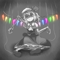 Rule 34 | 1girl, :|, closed mouth, doll joints, expressionless, facing viewer, flandre scarlet, full body, gradient background, grey background, greyscale, highres, joints, looking at viewer, marionette, monochrome, multicolored wings, partially colored, peroponesosu., pun, puppet, puppet strings, rainbow wings, shaded face, simple background, sitting, solo, touhou, wings