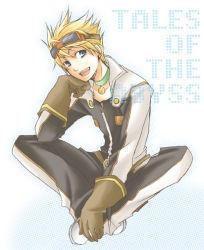 Rule 34 | 00s, 1boy, blonde hair, blue eyes, choker, copyright name, gloves, goggles, guy cecil, male focus, official alternate costume, sitting, smile, solo, tales of (series), tales of the abyss, white background