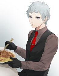 Rule 34 | 1boy, black gloves, black vest, brown shirt, chopsticks, closed mouth, collared shirt, food, gloves, grey eyes, grey hair, holding, holding chopsticks, isa (peien516), long sleeves, looking at viewer, male focus, necktie, persona, persona 3, red necktie, sanada akihiko, shirt, simple background, solo, upper body, vest