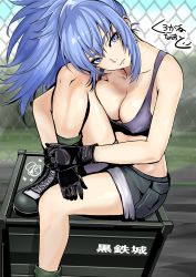 Rule 34 | 1girl, black gloves, blue eyes, blue hair, boots, breasts, combat boots, earrings, gloves, highres, jewelry, kurogane naoto (churushiko), leona heidern, long hair, military, military uniform, ponytail, shorts, signature, sitting, soldier, tank top, the king of fighters, uniform