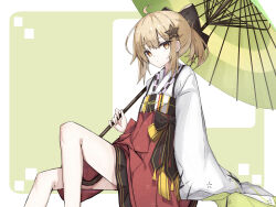 Rule 34 | 1girl, ahoge, arknights, black bow, bow, brown eyes, brown hair, commentary request, feet out of frame, green background, green umbrella, hair bow, hakama, hakama skirt, highres, holding, holding umbrella, japanese clothes, kimono, knee up, long sleeves, oil-paper umbrella, ponytail, red hakama, scene (arknights), scene (betsushi) (arknights), sitting, skirt, sleeves past fingers, sleeves past wrists, solo, touko (toko12 tooko), two-tone background, umbrella, white background, white kimono, wide sleeves