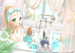 Rule 34 | 1girl, absurdres, alcohol, bath, bathing, bathroom, bathtub, blonde hair, blush, book, bow hairband, cake, candle, card, cellphone, cup, curtains, day, drinking glass, eating, fire, fire, food, food on face, fork, girls und panzer, green eyes, hair pulled back, hairband, highres, holding, holding card, holding food, holding fork, in water, long hair, looking back, marie (girls und panzer), nude, partially submerged, petals, petals on liquid, phone, plant, ponytail, rubber duck, shower head, sky, smartphone, smile, soap bottle, soap bubbles, solo, utensil in mouth, wallpaper (object), water, window, wine, wine glass, yaminabe (szhal14)