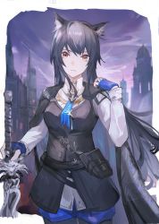 Rule 34 | 1girl, absurdres, animal ears, arknights, black cape, black pantyhose, black vest, blue gloves, blue necktie, blue shorts, building, cape, cathedral, collared shirt, cowboy shot, fingerless gloves, gloves, highres, looking at viewer, necktie, night, night sky, official alternate costume, outdoors, pantyhose, pantyhose under shorts, shirt, shorts, sky, solo, starfish11, sword, texas (arknights), texas the omertosa (arknights), vest, weapon, white shirt, wolf ears, wolf girl, yellow eyes