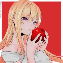 Rule 34 | 1girl, apple, bare shoulders, blonde hair, braid, breasts, collarbone, commentary request, doromame, food, fruit, grey shirt, hair between eyes, hands up, holding, holding food, holding fruit, large breasts, long hair, looking at viewer, nakiri erina, open mouth, red background, shirt, shokugeki no souma, solo, upper body