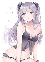 Rule 34 | 1girl, :o, babydoll, bad id, bad pixiv id, bare arms, bare shoulders, black bow, blush, bow, breasts, cleavage, collarbone, cpqm, floral background, frills, grey hair, groin, hair bow, highres, idolmaster, idolmaster shiny colors, long hair, medium breasts, navel, panties, parted lips, purple eyes, purple panties, ribbon trim, round teeth, simple background, sitting, solo, strap slip, teeth, twintails, underwear, underwear only, upper teeth only, very long hair, white background, yukoku kiriko