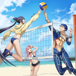Rule 34 | arm up, armpits, asymmetrical sleeves, beach, beach volleyball, bikini, bikini bottom only, bikini skirt, black hair, black skirt, blue bikini, blue eyes, blue hair, blue pants, blue sleeves, bracelet, breasts, brown eyes, cleavage, collarbone, cu chulainn (fate), cu chulainn (fate/stay night), cu chulainn (second ascension) (fate), day, detached sleeves, diadem, fate/grand order, fate (series), floating hair, hair ribbon, jewelry, long hair, long sleeves, looking up, medb (fate), medb (swimsuit saber) (fate), medb (swimsuit saber) (second ascension) (fate), medium breasts, microskirt, navel, necklace, official alternate costume, outdoors, pants, pink hair, pleated skirt, ponytail, red eyes, ribbon, skirt, suikatabetaifrom, sweater, swimsuit, twintails, uneven sleeves, ushiwakamaru (fate), ushiwakamaru (fate/grand order), ushiwakamaru (swimsuit assassin) (fate), ushiwakamaru (swimsuit assassin) (first ascension) (fate), very long hair, yellow ribbon, yellow sweater