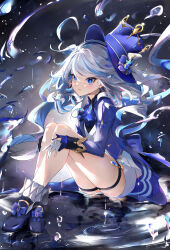 Rule 34 | 1girl, absurdres, ahoge, ascot, asymmetrical gloves, black footwear, black gloves, blue ascot, blue bow, blue brooch, blue eyes, blue hair, blue hat, blue jacket, bow, crying, crying with eyes open, elphe, floating hair, full body, furina (genshin impact), genshin impact, gloves, hair between eyes, hands on own legs, hat, heterochromia, highres, jacket, knees up, legs, light blue hair, light particles, long hair, looking at viewer, mismatched gloves, multicolored hair, parted lips, reflection, reflective water, shorts, sidelocks, sitting, socks, solo, streaked hair, teardrop, tears, top hat, two-tone hair, water, water drop, white gloves, white shorts, white socks