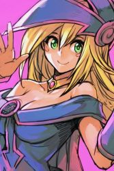 Rule 34 | 1girl, bare shoulders, blonde hair, blush, blush stickers, breasts, choker, cleavage, dark magician girl, duel monster, green eyes, hat, hungry clicker, large breasts, long hair, pentacle, smile, solo, wizard hat, yu-gi-oh!, yu-gi-oh! duel monsters