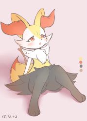 Rule 34 | 1girl, :&lt;, animal ear fluff, animal ears, animal feet, arm support, black fur, blush, body fur, braixen, color guide, creatures (company), dated, fang, female focus, flat chest, fox ears, fox girl, fox tail, full body, furry, furry female, game freak, gen 6 pokemon, kajiura, knees up, leaning back, looking up, nintendo, open mouth, pink background, pokemon, pokemon (creature), red eyes, simple background, sitting, solo, stick, tail, white fur, yellow fur