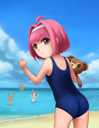 Rule 34 | 3girls, ass, bikini, child, closed mouth, cloud, cowboy shot, day, eyebrows, hairband, looking at viewer, looking back, mint clark, multiple girls, murasaki sono hito (mymtiig), one-piece swimsuit, outdoors, pink eyes, pink hair, short hair, sky, standing, stuffed animal, stuffed toy, super blackjack, swimsuit, teddy bear