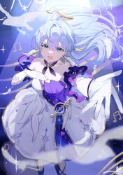 Rule 34 | 1girl, aqua eyes, blue hair, bracelet, detached sleeves, dress, earrings, ebitendon, facial mark, falling feathers, feathers, floating hair, gloves, hair between eyes, halo, hand on own chest, head wings, highres, honkai: star rail, honkai (series), jewelry, long hair, looking at viewer, musical note, open mouth, purple dress, reaching, reaching towards viewer, robin (honkai: star rail), short sleeves, smile, solo, sparkle, standing, two-tone dress, white dress, white gloves, white wings, wings