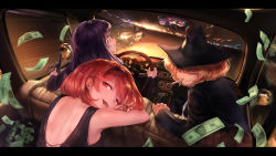 Rule 34 | 3girls, alice margatroid, alternate costume, black dress, black headwear, black jacket, black pants, blazer, blonde hair, breasts, car, car interior, cigarette, clenched teeth, commentary, cookie (touhou), dress, driving, ear piercing, english commentary, fang, grand theft auto, grand theft auto v, gun, hair between eyes, hair over eyes, hairband, handgun, hat, highres, hinase (cookie), holding, holding gun, holding weapon, jacket, jewelry, jigen (cookie), long hair, looking at viewer, looking back, manatsu no yo no inmu, medium breasts, megafaiarou (talonflame 810), money, motion blur, motor vehicle, multiple girls, one eye closed, open mouth, pants, patchouli knowledge, piercing, pistol, police car, purple eyes, purple hair, red eyes, ring, short hair, sitting, sleeveless, sleeveless dress, smile, smoking, taisa (cookie), tec-9, teeth, tongue, touhou, upper body, weapon, yajuu senpai