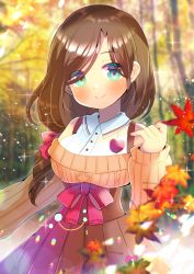 Rule 34 | 1girl, akiba pockeii, autumn leaves, bare shoulders, blurry, blurry foreground, blush, bow, breasts, brown hair, brown skirt, brown sweater, closed mouth, collared shirt, commentary request, depth of field, eyes visible through hair, forest, green eyes, hair bow, hair over one eye, hand up, heart, high-waist skirt, indie virtual youtuber, kou hiyoyo, leaf, long hair, long sleeves, looking at viewer, maple leaf, medium breasts, nature, off-shoulder sweater, off shoulder, pleated skirt, puffy long sleeves, puffy sleeves, red bow, shirt, skirt, sleeveless, sleeveless shirt, sleeves past wrists, smile, solo, sweater, tree, virtual youtuber, white shirt