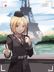 Rule 34 | 1girl, :d, absurdres, artist name, black hat, black jacket, black necktie, blonde hair, blurry, blurry background, brown eyes, collared shirt, commentary, cross, day, depth of field, eiffel tower, english commentary, gar32, garrison cap, girls&#039; frontline, hat, highres, historical connection, iron cross, jacket, long sleeves, looking at viewer, military, military hat, military uniform, mini hat, mp40 (girls&#039; frontline), necktie, open mouth, outdoors, paris, photo (medium), river, shirt, short hair, signature, smile, solo, taking picture, uniform, v, viewfinder, water, wehrmacht, white shirt